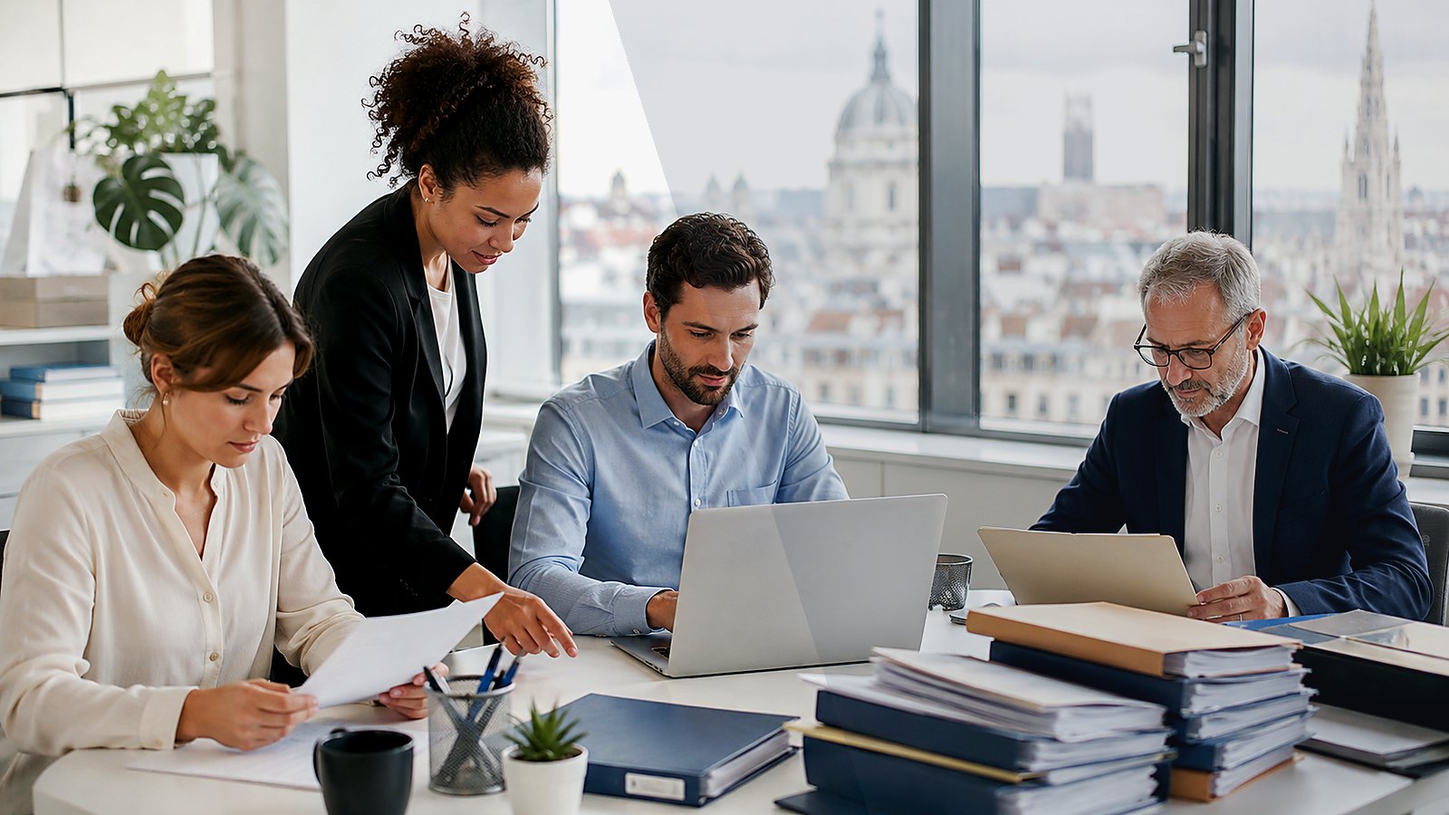Professionnels analysant des documents dans un bureau